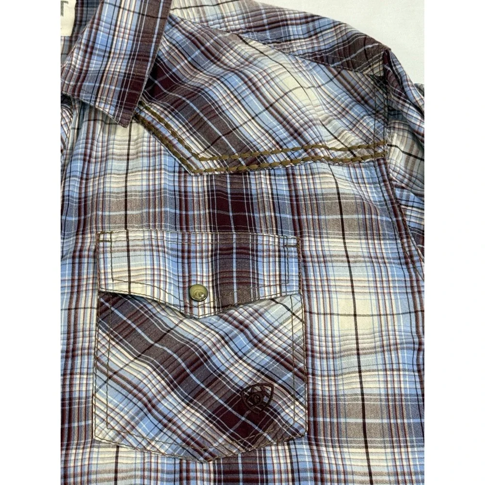 Ariat Retro Fit Pearl Snap Button Mens XL Purple Black Plaid Short Sleeve‎